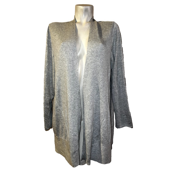 CHICO'S Sweater Sz XL (3) Grey Gray Rib Mix Knit LS Cardigan Work Casual Office - Picture 1 of 6